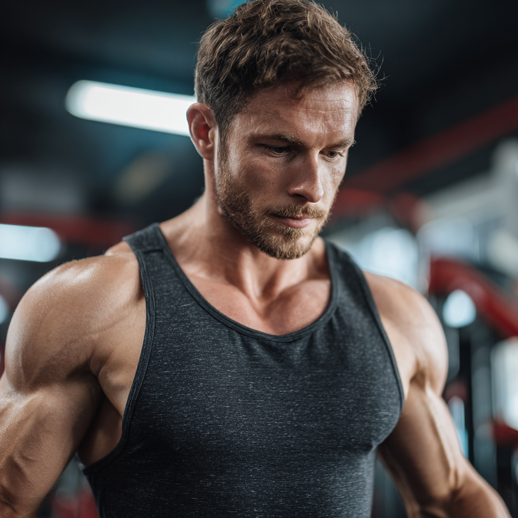 Confident athletic man in gym performing strength training with focused determination