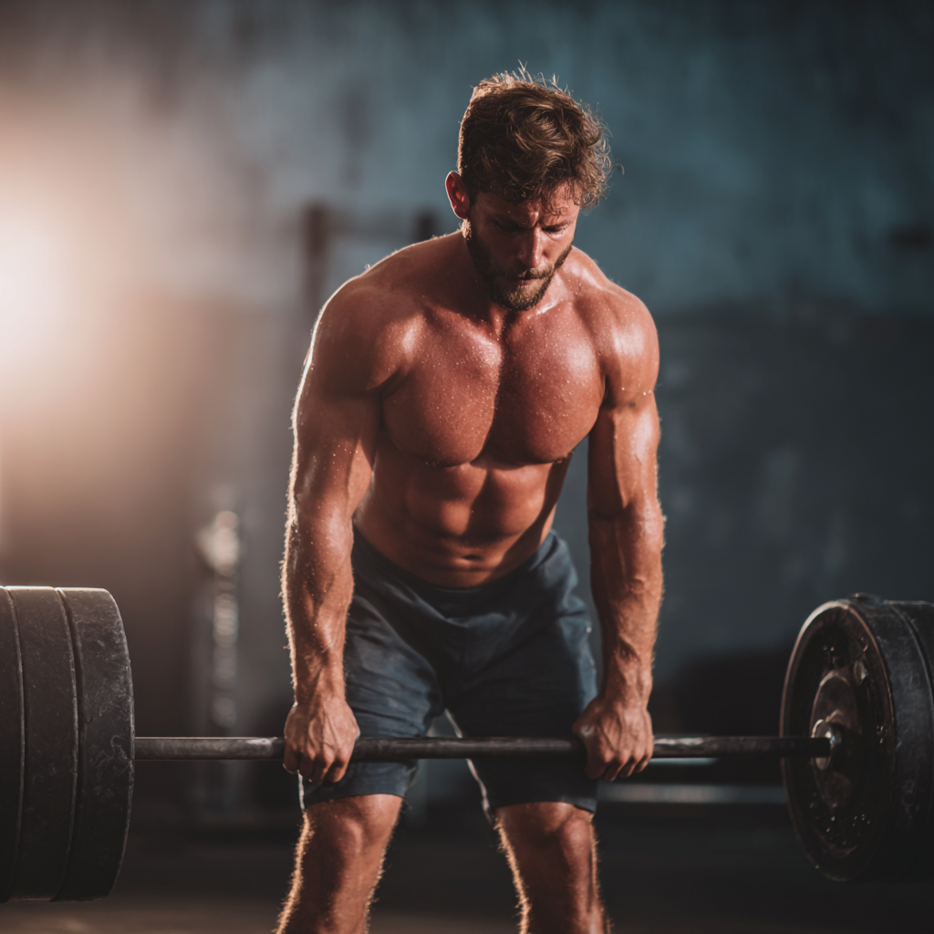 Muscular man performing deadlift exercise in modern gym with intense focus and perfect form