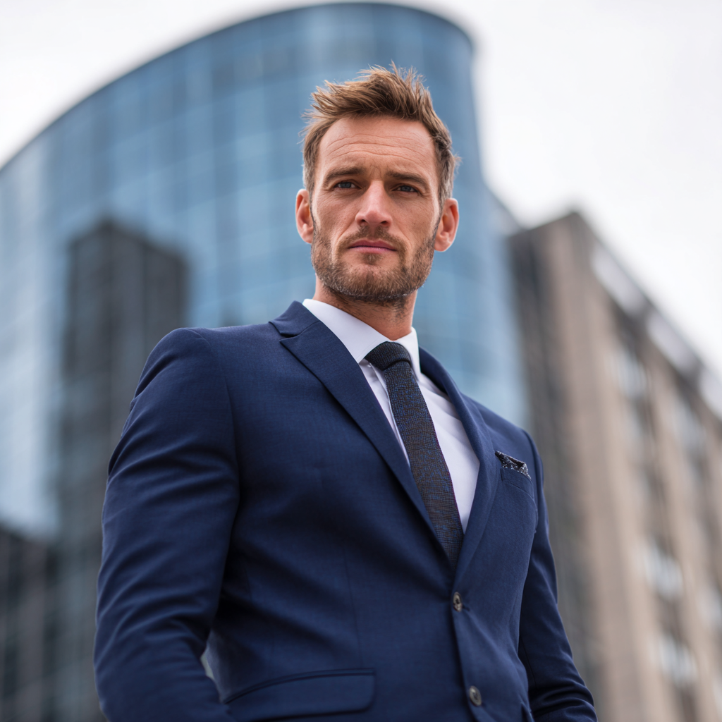 Successful businessman in suit showing confident posture and strong presence in urban environment